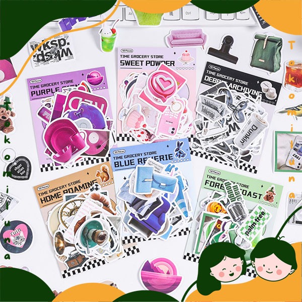 

1 set isi 50 pcs time grocery sticker vintage retro aesthetic deco stiker diy jurnal scrapbook HB1731