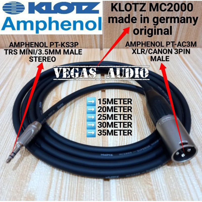 KABEL KLOTZ MC2000 ORIGINAL JACK AMPHENOL AUX 3.5MM MALE TO XLR MALE 15M-35M