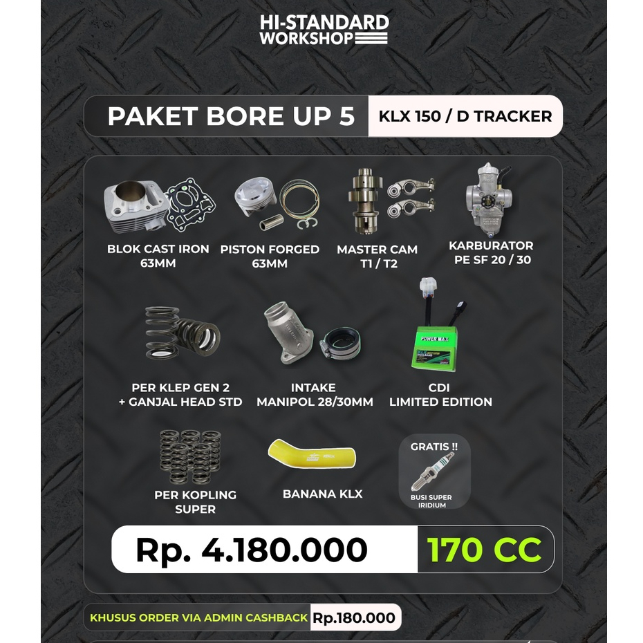 (KLX 150/D-TRACKER) PAKET BORE UP 5 FULL BRT  MASTER CAM  BUSI IRIDIUM  PER KOPLING BLOK CASTING 63 