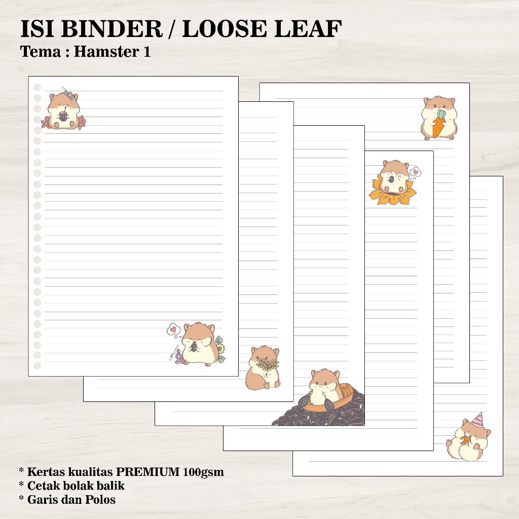 

Isi Binder / Loose Leaf Gambar A5 - Tema Hamster1 / Refill Map Binder / Garis Polos