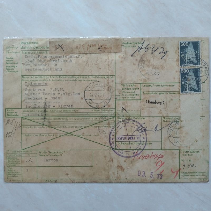 Koleksi Kuno Jadul 1976 Arsip Pengiriman Paket Barang Jerman-Indonesia - YN1533