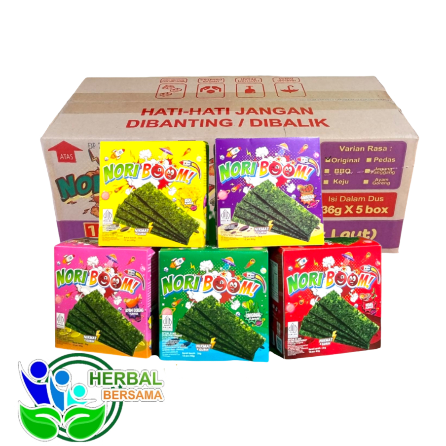 NORI BOOM Rumput Laut Panggang 5 Varian Rasa I Snack Rumput Laut Per Karton Isi 36gr x 5 Box