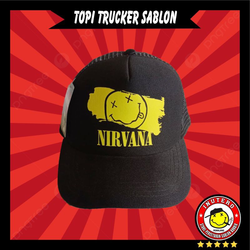 TOPI NIRVANA LOGO SMILE TRUCKER JARING HITAM PUTIH DISTRO PRIA DEWASA