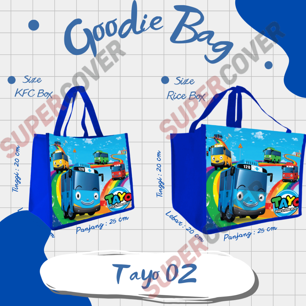 

Tas Goodie Bag Gambar Tayo 02 warna Biru Tua, Karakter Tayo warna Biru Tua untuk Acara Ulang Tahun, Tasyakuran, Aqiqah, Khitan dan lainnya