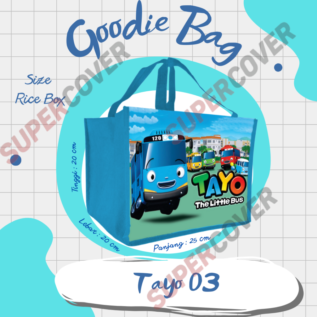 Tas Goodie Bag Gambar Tayo 03 warna Biru Muda, Karakter Tayo warna Biru Muda untuk Acara Ulang Tahun