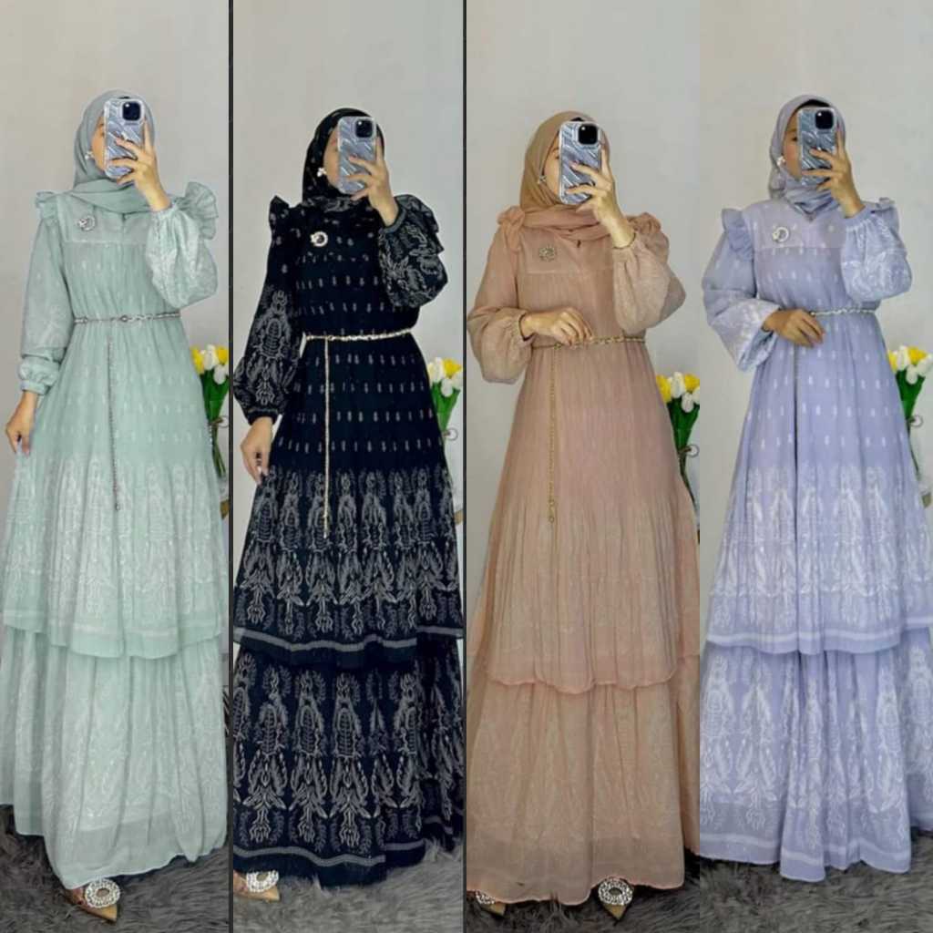 Set Gamis Dress Ceruty Batik Etnik Plisket Prisket Lidi Umpak Susun Rempel Tingkat+Hijab Segiempat