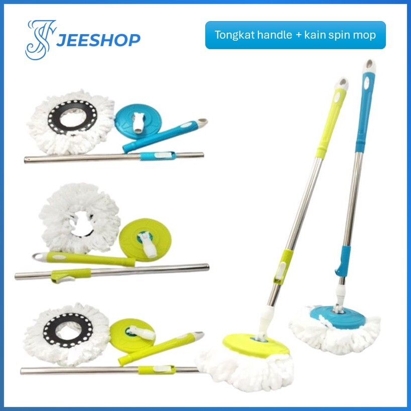 Tongkat Handle Pel + Kain Spin Mop Alat Pel Lantai Set Mop Stick Kain Refill Spin Mop Serbaguna