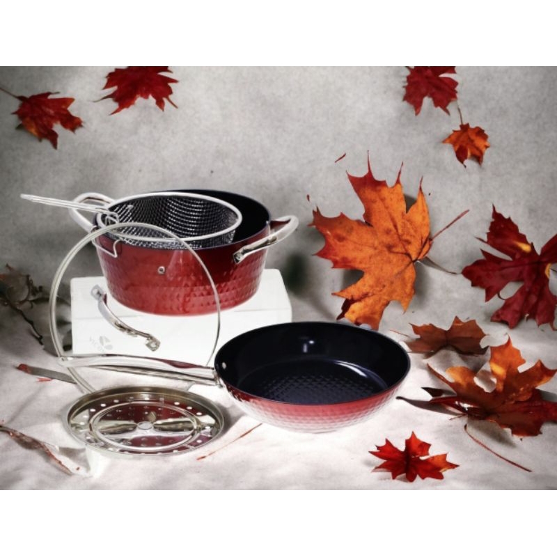 Paket peralatan masak bulat VICENZA V5491 MERAH, Set panci pengukus & penggorengan dengan lapisan an