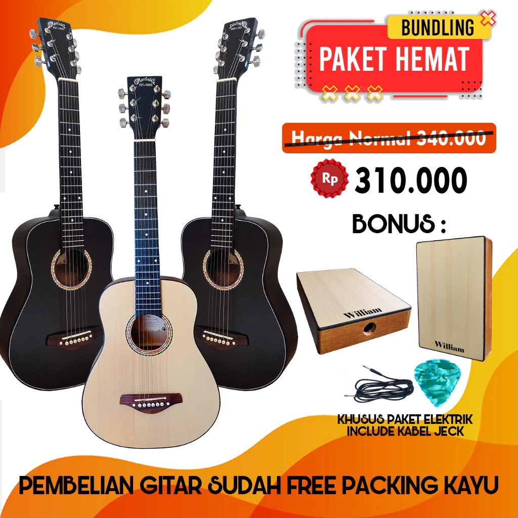 Paket Bundling Hemat Gitar 3/4 Martin&Co Bonus Cajon Travel