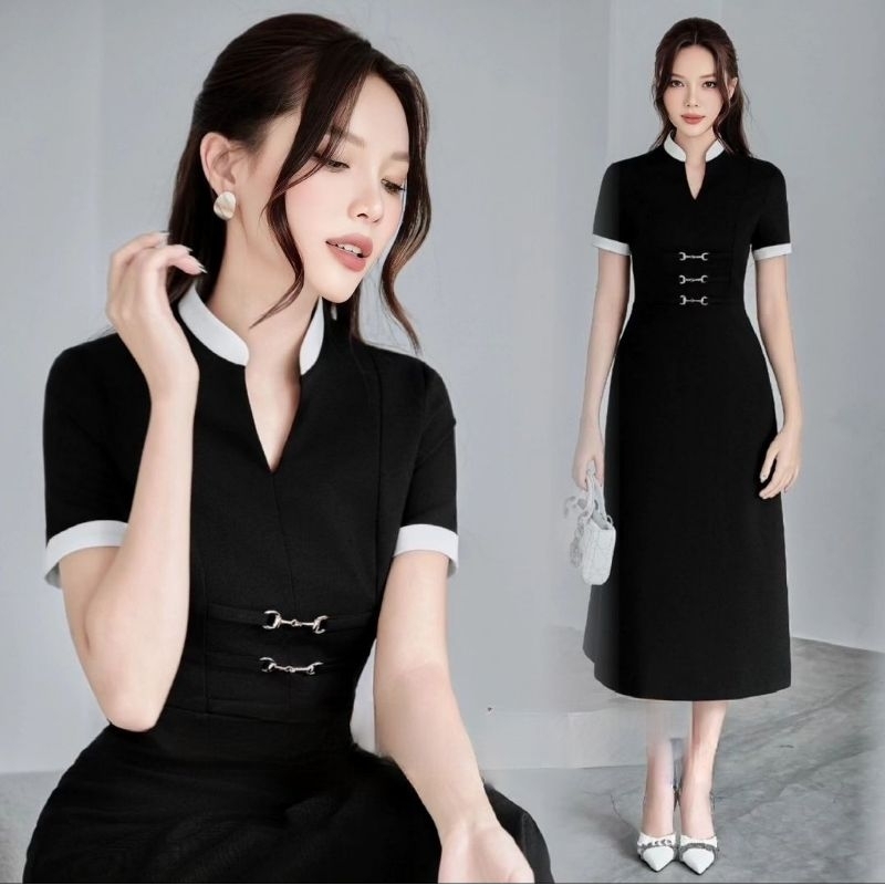 dress sleeve collar simple black hitam korean paris parisian europe midi skirt dress premium basic p