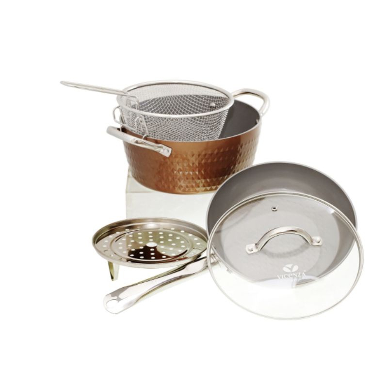 Paket peralatan masak bulat VICENZA V5491 warna Copper, set panci pengukus & penggorengan lapisan an