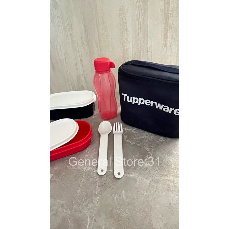 Tupperware Original Set | 2 lunch box, 1 tumblr, sendok dan garpu, tas bekal