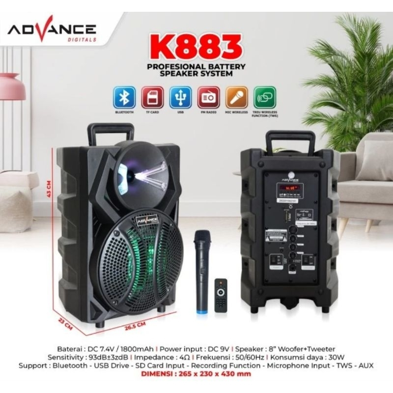 Speaker Advance K883 Speaker Bluetooth Portable K-883 8 Inch Plus Mic Wireless  30 Watt