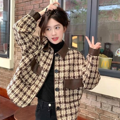 fv88 - Oversize Leather Outer Jaket Wanita Polo Lengan Panjang Kulit Premium All Size fit to XL