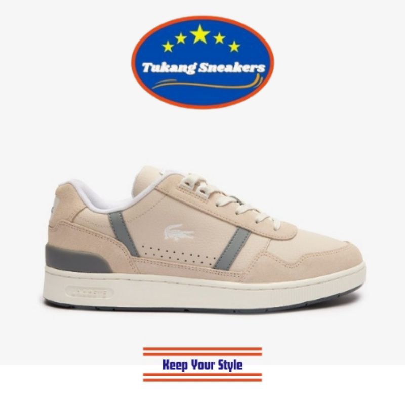 Sepatu Sneakers Lacoste Kulit T-Clip Tonal Pria - Putih Gading 2B7 LAC47SMA00672B7