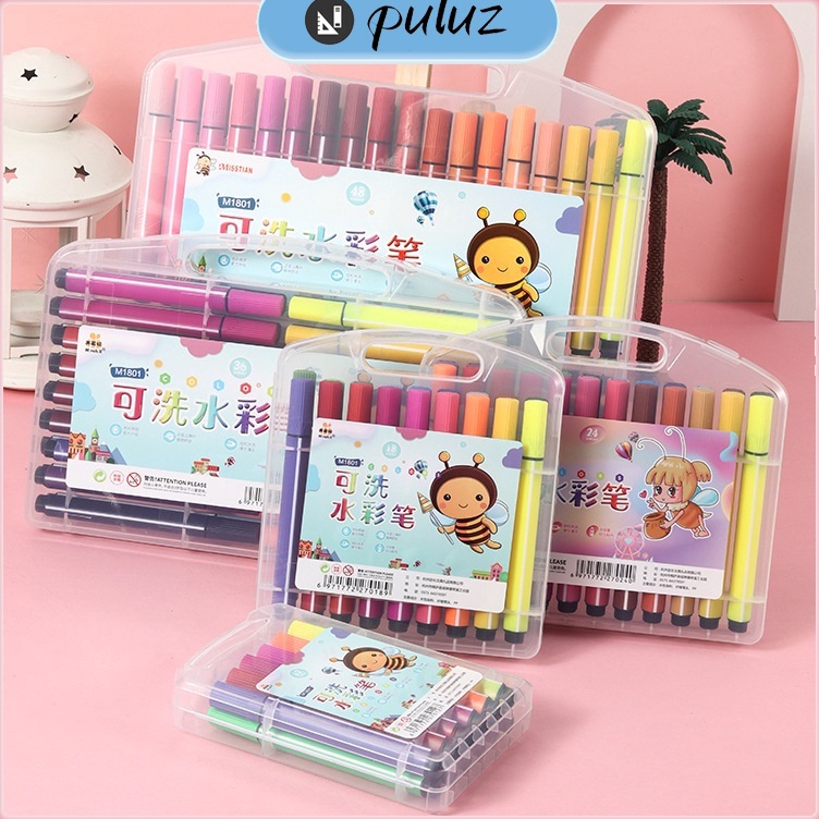 

New Update Keywaste Childrens Hard Head Watercolor Triangular Rod Large kapacity Box Elementary School 12 Color Painting Pena Warna Pena