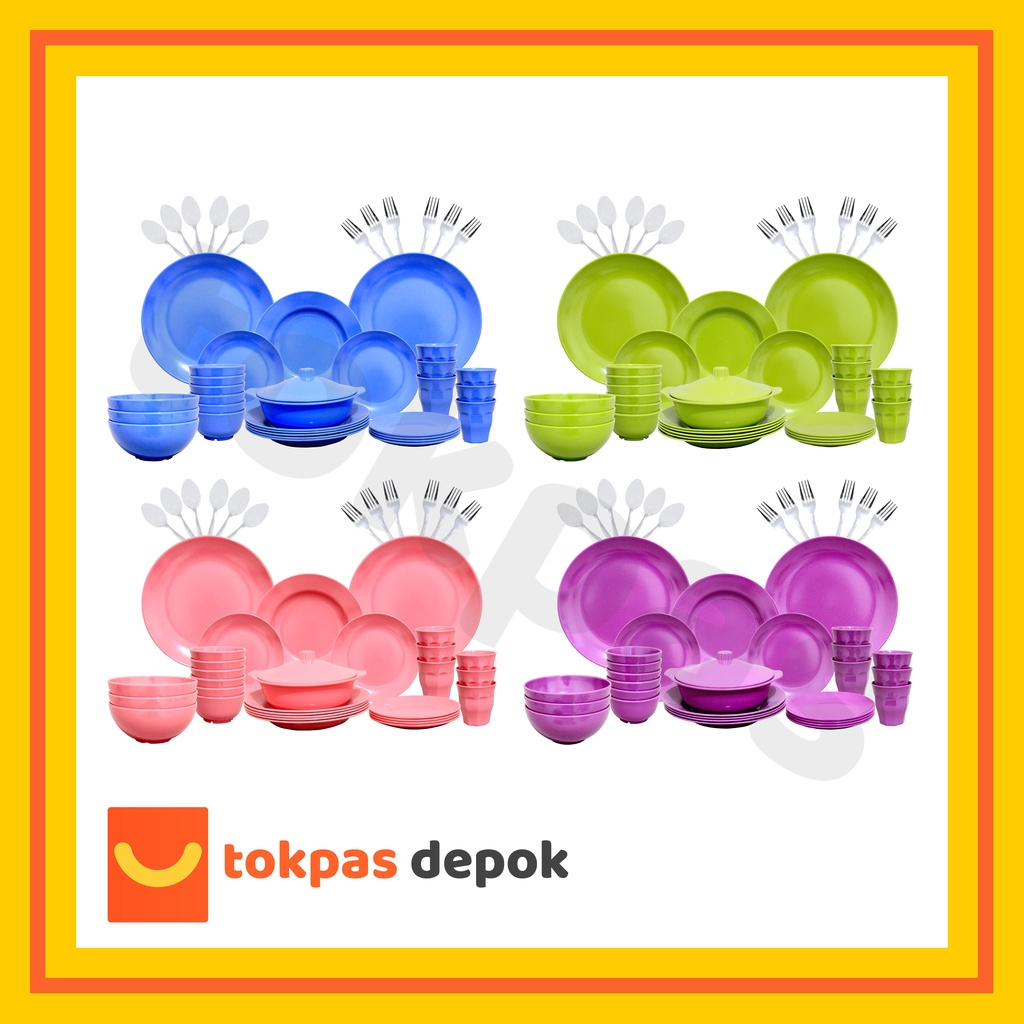 [42 PCS] Set Alat Makan Lengkap Piring, Gelas, Sendok, Mangkok, Garpu, Panci Sayur SET 42 pcs Golden