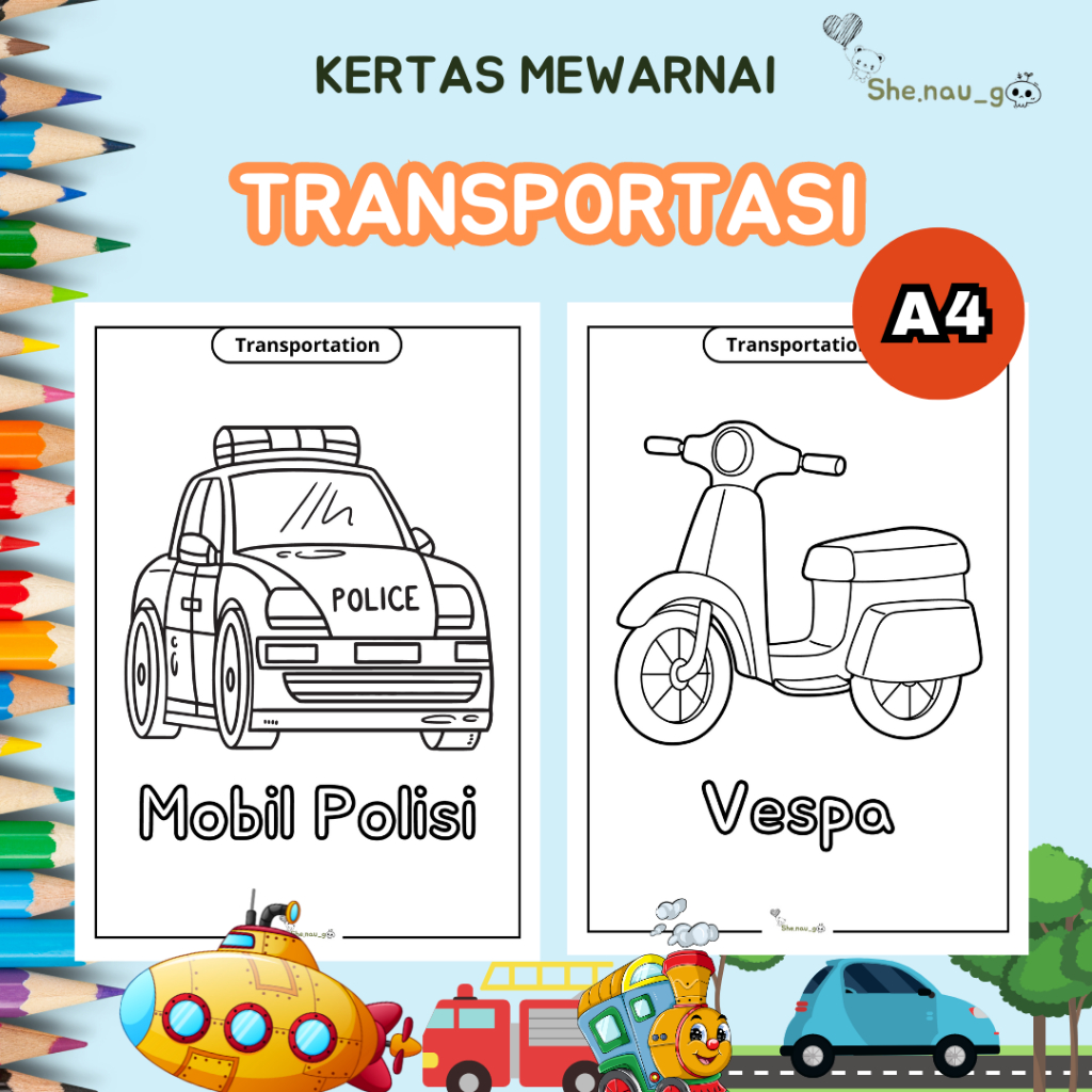 

Gambar Mewarnai / Kertas Mewarnai Anak TK - SD Tema Transportasi Ukuran kertas A4 HVS