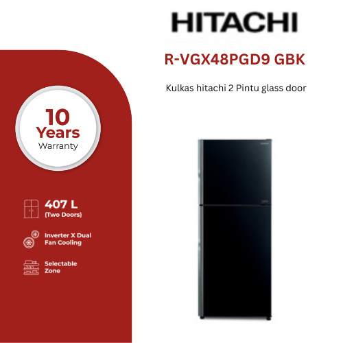 HITACHI Kulkas 2 Pintu Inverter Glass Black 395 L R-VGX48PGD9