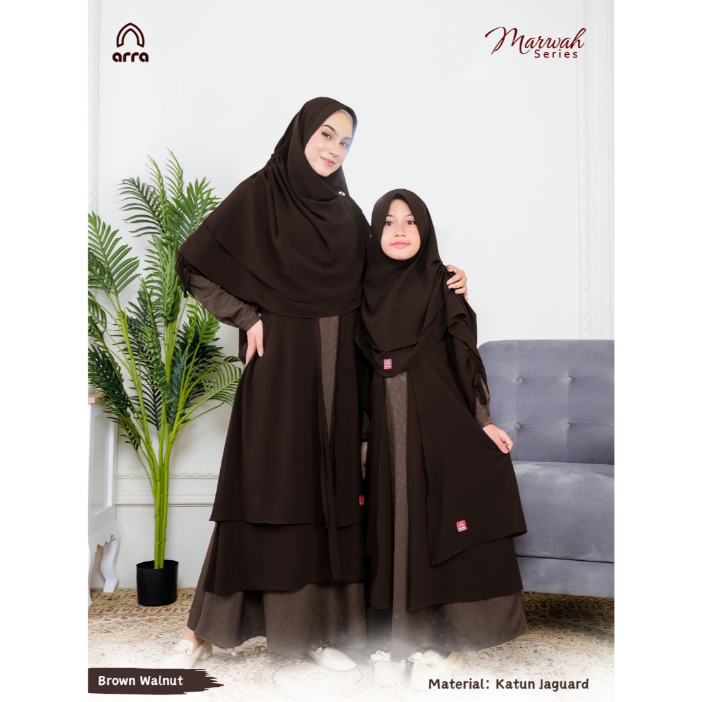 Arra Marwah Brown Series Sarimbit Couple Keluarga Muslim Koko Pria Gamis Wanita Khimar Syar'i Jumbo