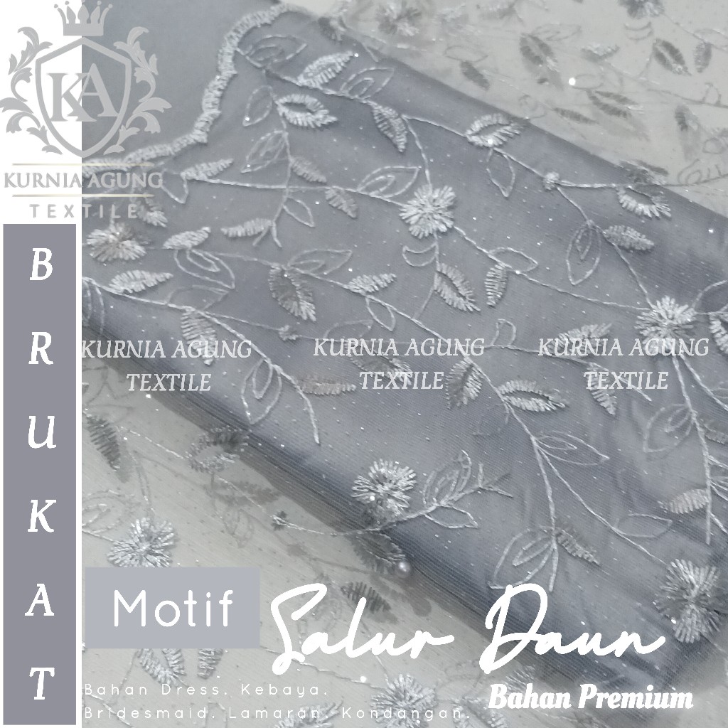 Kain Tille Brokat Korea Motif Ethnic Salur Daun Warna SILVER ABU Brukat TREND 2024 Bordir Mutiara & 