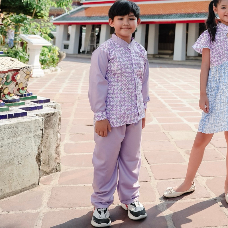 BATIK KIDS SETELAN BAJU ANAK COWOK KERAH SANGHAI KOKO UNGU BAJU BATIK ANAK COWOK UNGU KOMBINASI