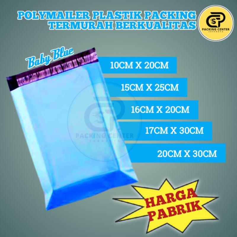 

Polimer Plastik Packing / Polymailer Olshop Online Shop PE warna Sky Blue Glossy Isi 100Pcs Lem Perekat Termurah Grosir HRAGA PABRIK