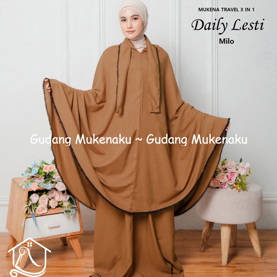 Promo MUKENA DEWASA DAILY LESTI TRAVEL 3IN1 BAHAN KATUN RENDA RAJUT FREE TAS PREMIUM