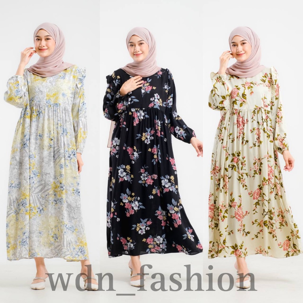 QUEENA DRESS BY WDN FASHION LONG DRESS MOTIF BUNGA BAHAN RAYON DIAMOND PREMIUM TERLARIS DRESS PANJAN