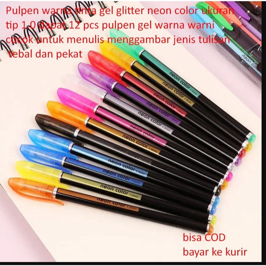 

Pulpen warna tinta gel glitter neon color ukuran tip 1.0 dapat 12 pcs pulpen gel warna warni cocok untuk menulis menggambar jenis tulisan tebal dan pekat