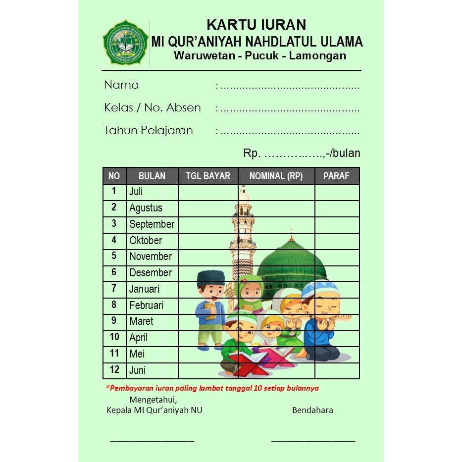 ES88 KARTU INFAQ WATERMARK CUSTOM/KARTU IURAN/IURAN BULANAN/SPP/IURAN KAS/SAMPAH/AIR/LISTRIK/BIMBEL 