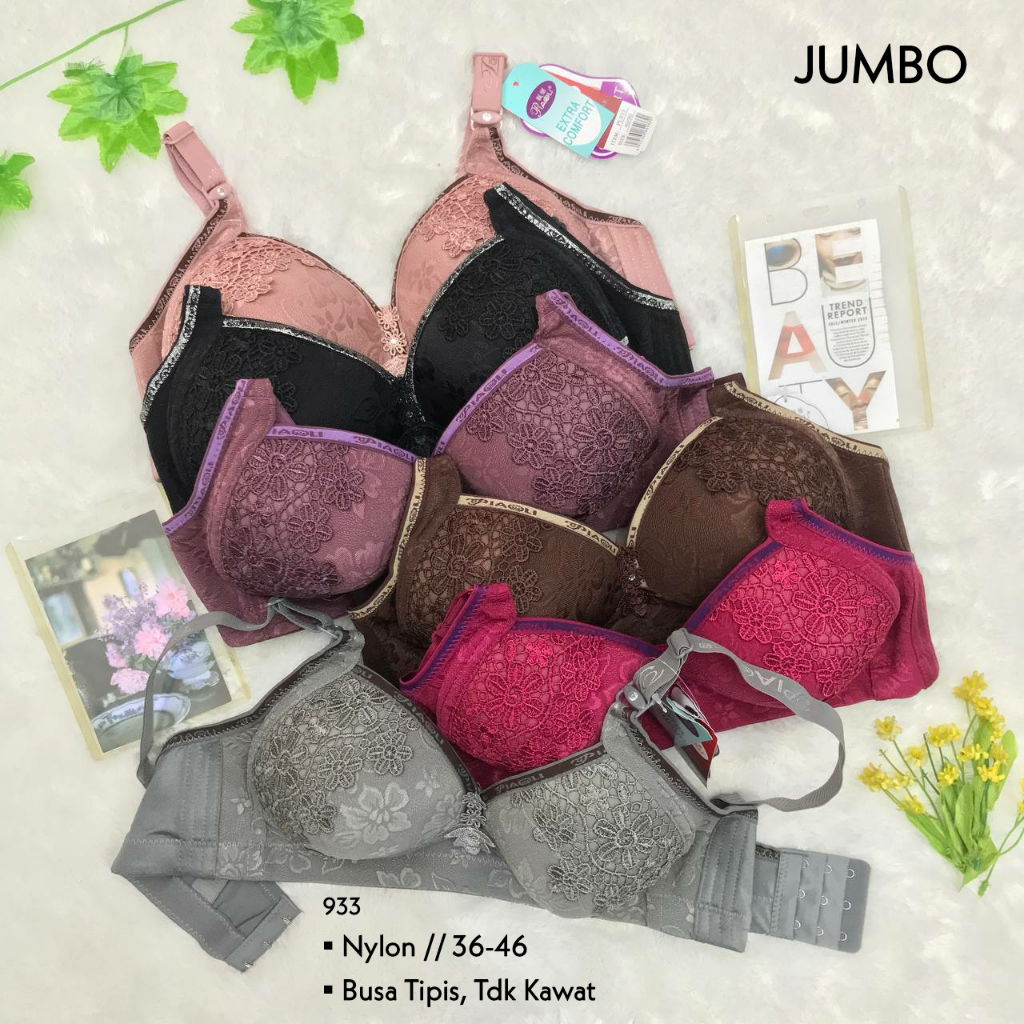 PIAOLI - Bra Busa Tipis Tanpa Kawat Kait 3 BH JUMBO 36-46 Katun Nilon Polos & Motif Cup Besar Full C