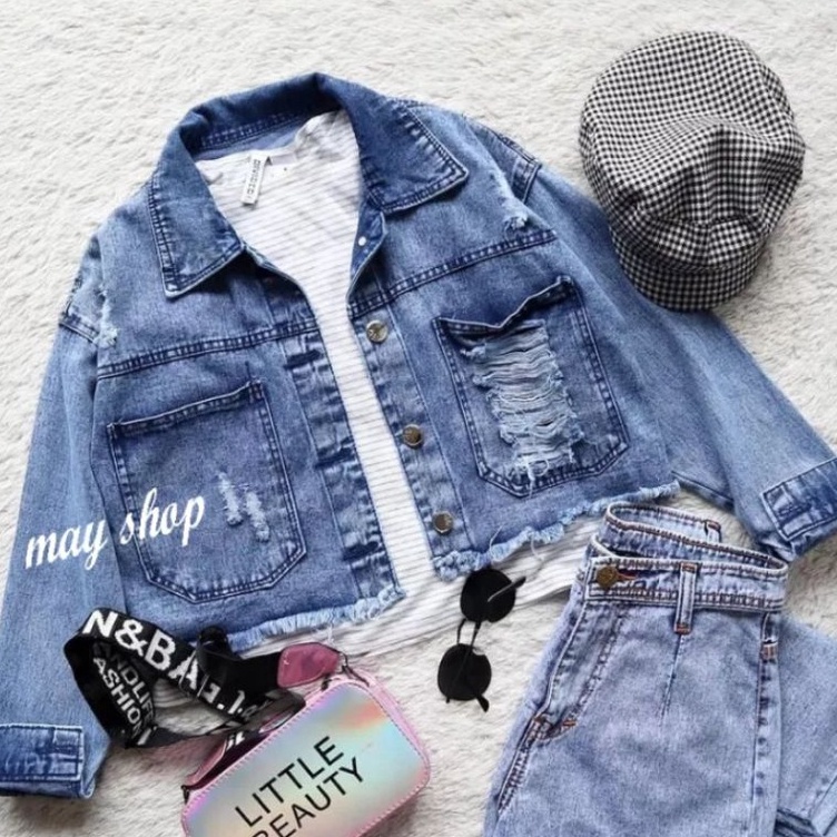 Di Borong yuk Jaket Jeans Sobek Robek Ripped Wanita Crop Top Rawis Jacket Jins Denim Cewek Sobek Kor