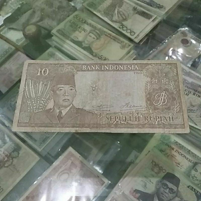 uang kuno indonesia 10 rupiah soekarno 1960 asli bekas edar.