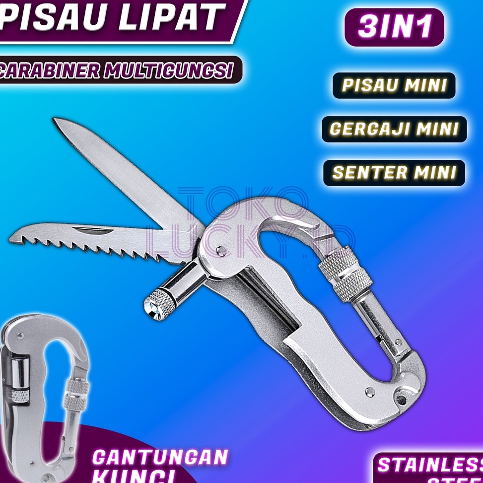 Keluaran Terbaru Karabiner Lipat 3in1 Multifungsi Gantungan Kunci Senter Pisau Dapur Carabiner Peral
