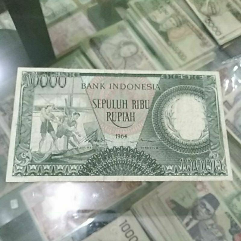 uang kuno indonesia 10000 rupiah pekerja hijau 1964 asli bi bekas edar