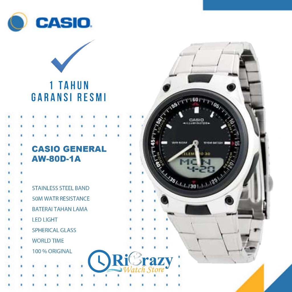 [ PROMO ] Jam Tangan Pria Casio AW-80D-1A / AW-80D Dual Time Original Stainless Steel Strap Garansi 