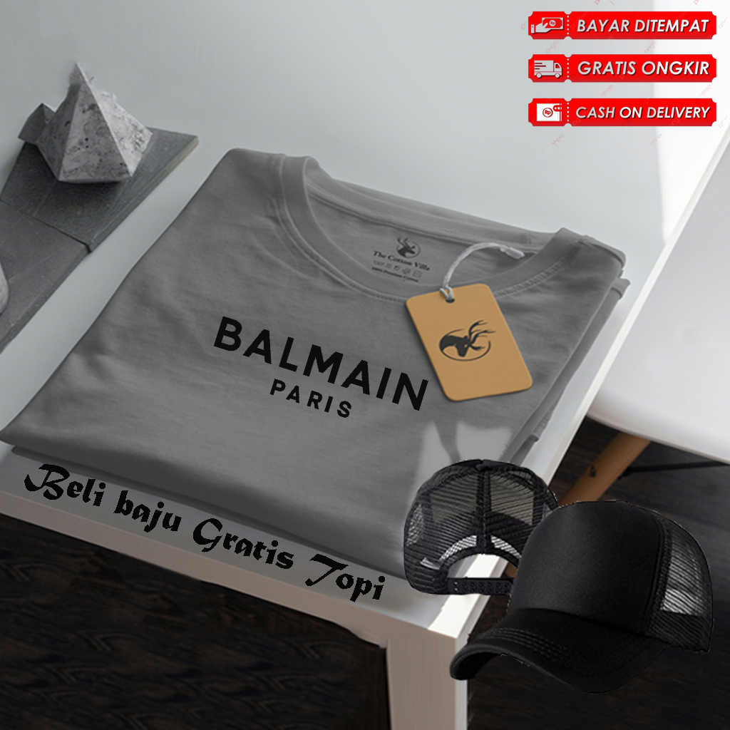 BELI BAJU GRATIS TOPI POLOS...!!! Kaos Distro Lengan pendek / Tshirt Distro Logo Balmain Paris Text 