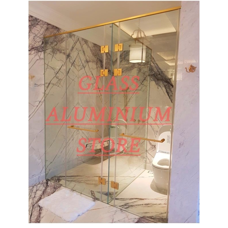 Kamar Mandi Kaca Frameless Shower Box Kaca Tempered 10mm Aksesoris Gold Kuningan Asli