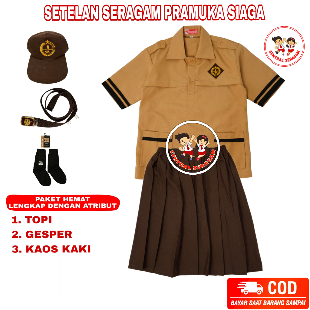 Setelan Super Lengkap Pramuka Siaga Perempuan Lengan Pendek Seragam Sekolah SD Baju Pendek Rok Pende