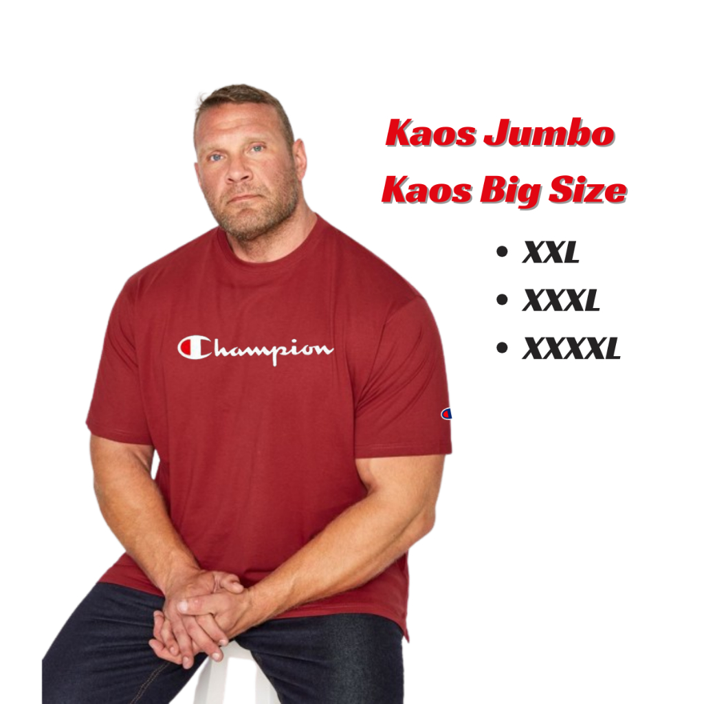 Baju Kaos Champion Script Clasic Tee Jumbo Basic BigSize XXL XXXL XXXXL Premium