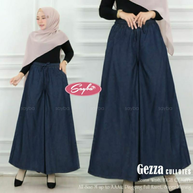 Geeza Celana Jumbo Kulot Jeans Polos Hitam Biru Fit XXXL Pinggang Karet By Sayba