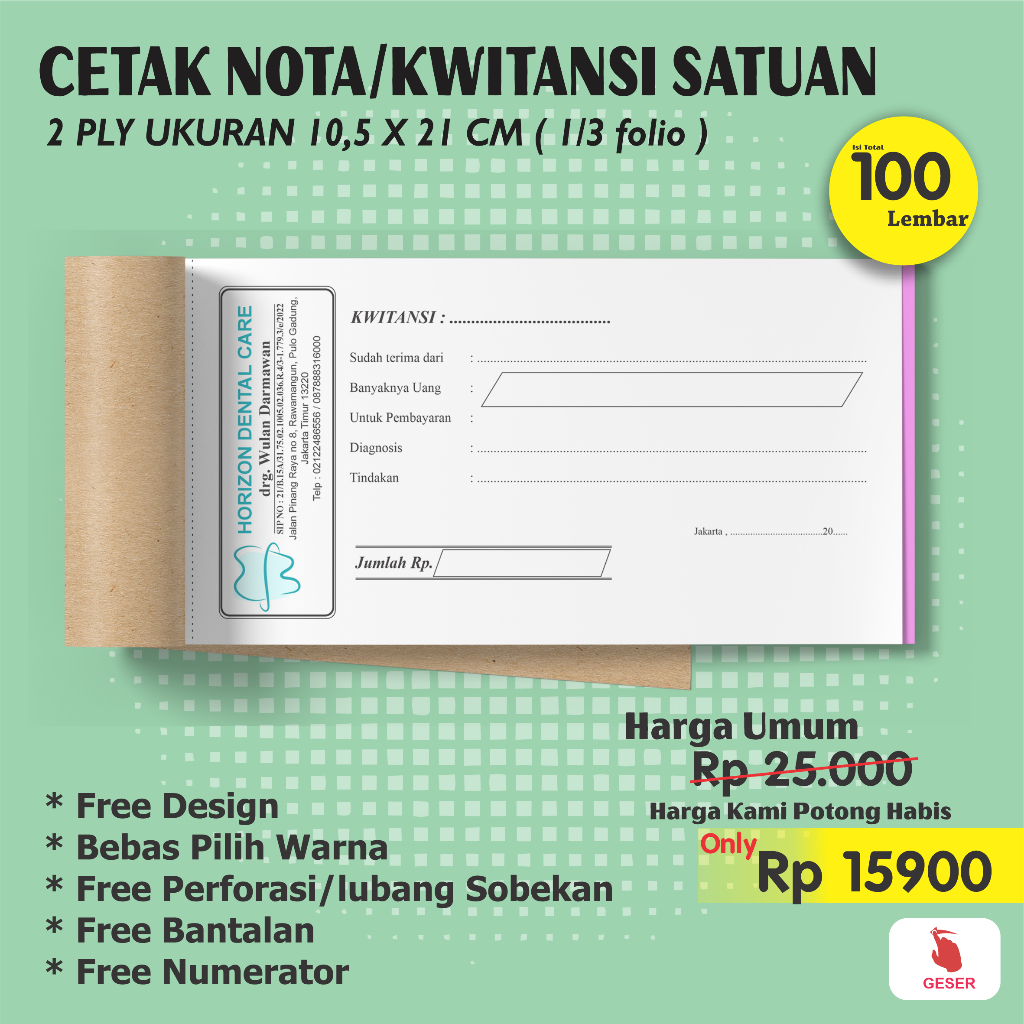 

Cetak kwitansi custom 2 ply 1/3 folio 21x10,5 cm