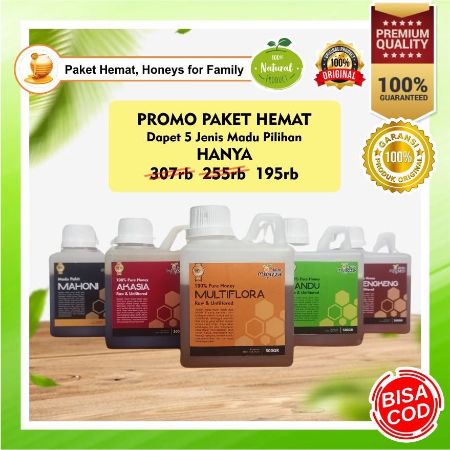 

[ PAKET HEMAT ] 5 MADU MURNI ASLI MUEZZA for FAMILY uk. 500GR Grade A : MADU MULTIFLORA , MADU RANDU , MADU AKASIA , MADU KELENGKENG , MADU PAHIT MAHONI , 100% ASLI dari NEKTAR BUNGA PILIHAN