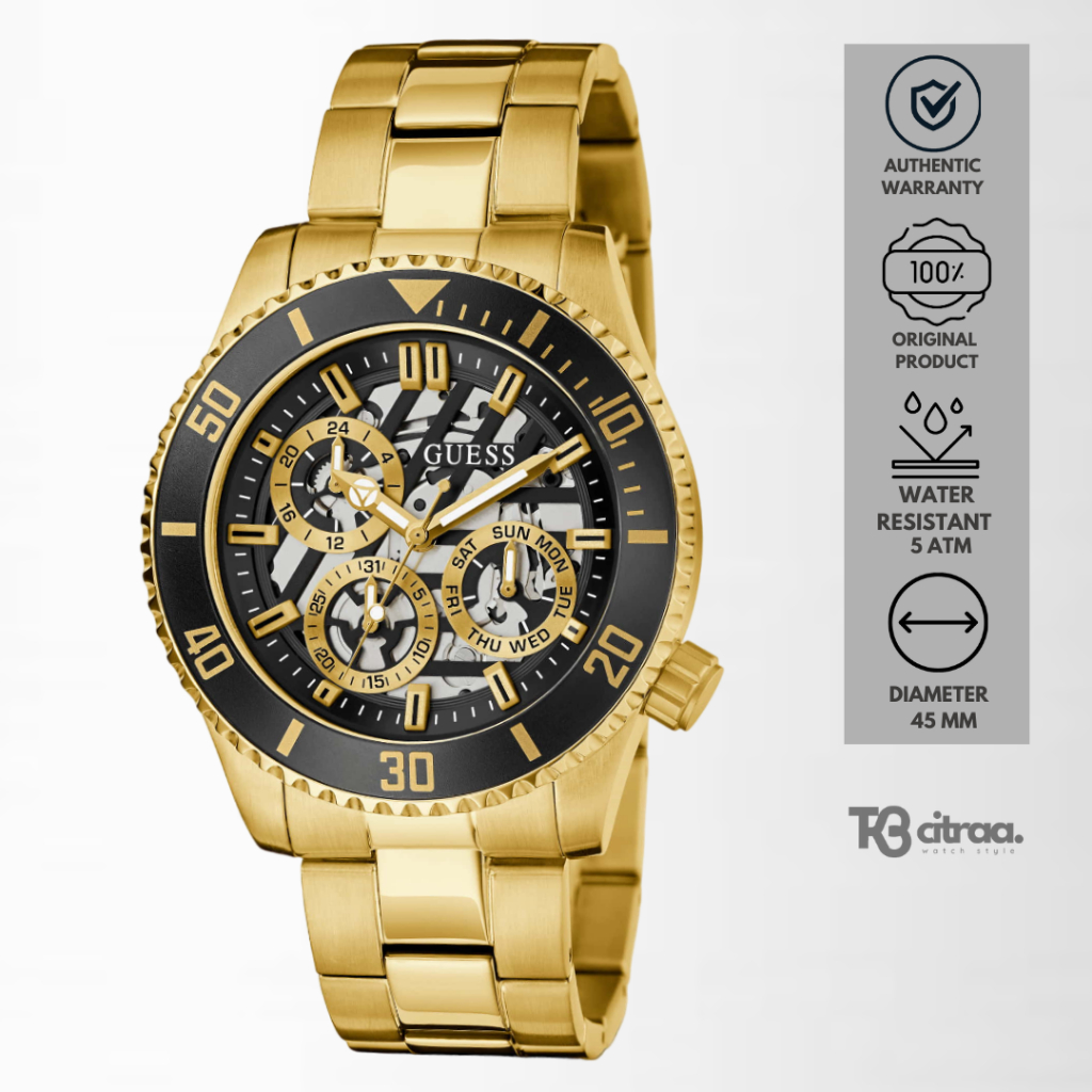 Jam Tangan Fashion Pria Guess Axle Chronograph Gold Black Stainless Steel Sporty Mewah Original GW04