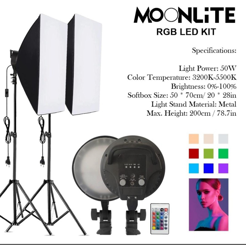 paket lampu studio RGB LED 9 warna, Moonlite 50w