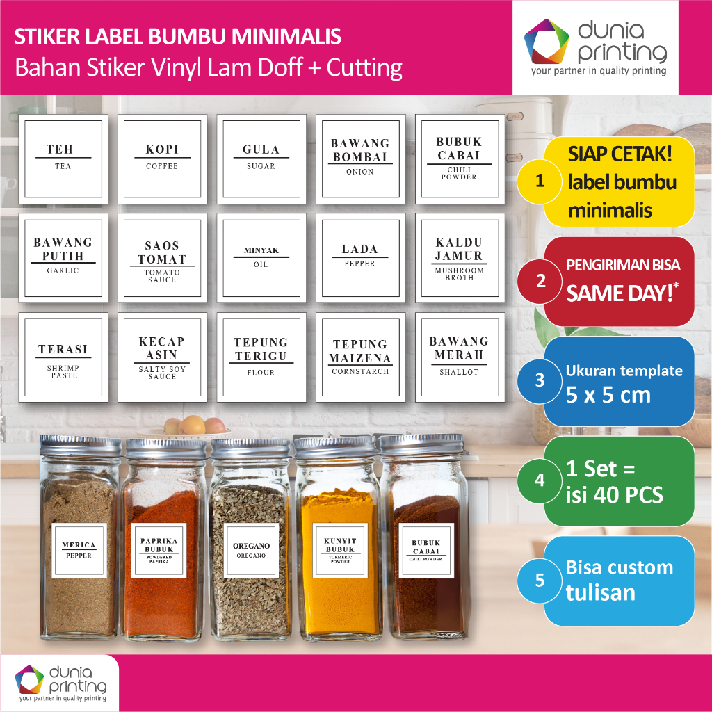 

Stiker Bumbu Minimalis ukuran 5 x 5 cm - Anti air + laminating doff - custom