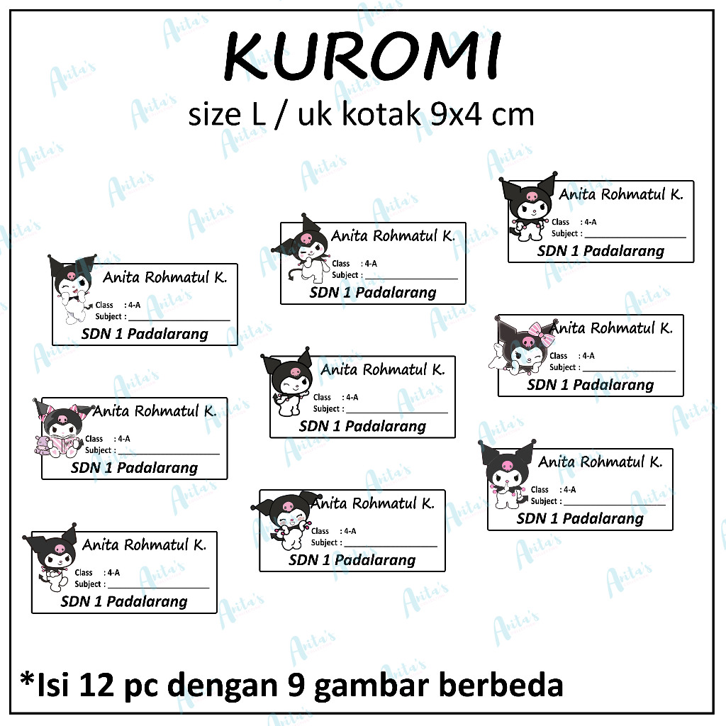

12pc STIKER NAMA BUKU PELAJARAN ANAK SEKOLAH tema KUROMI | size L / 9x4 cm | CUSTOM