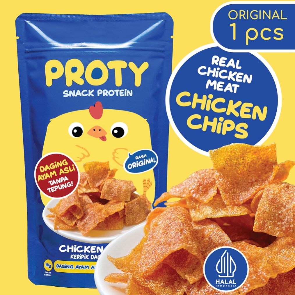 

Terlaris Snack Sehat PROTY Chicken Chips Original 1 pcs Keripik Daging Ayam Krispi Snack Cemilan Protein Sehat 18 gr Non MSG pengawet pewarna pemanis buatan
