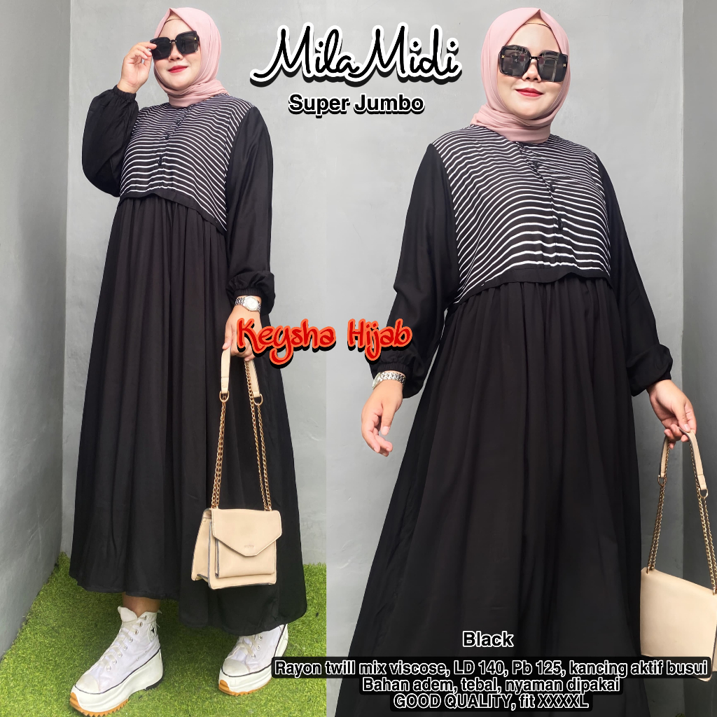 mila dress midi pakaian baju gamis pesta kondangan wanita cewe remaja dewasa bahan katun rayon twill
